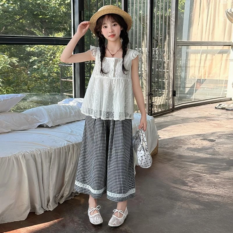 女童夏季飞袖娃娃衫套装2025新款儿童夏装洋气时髦韩版格子阔腿裤