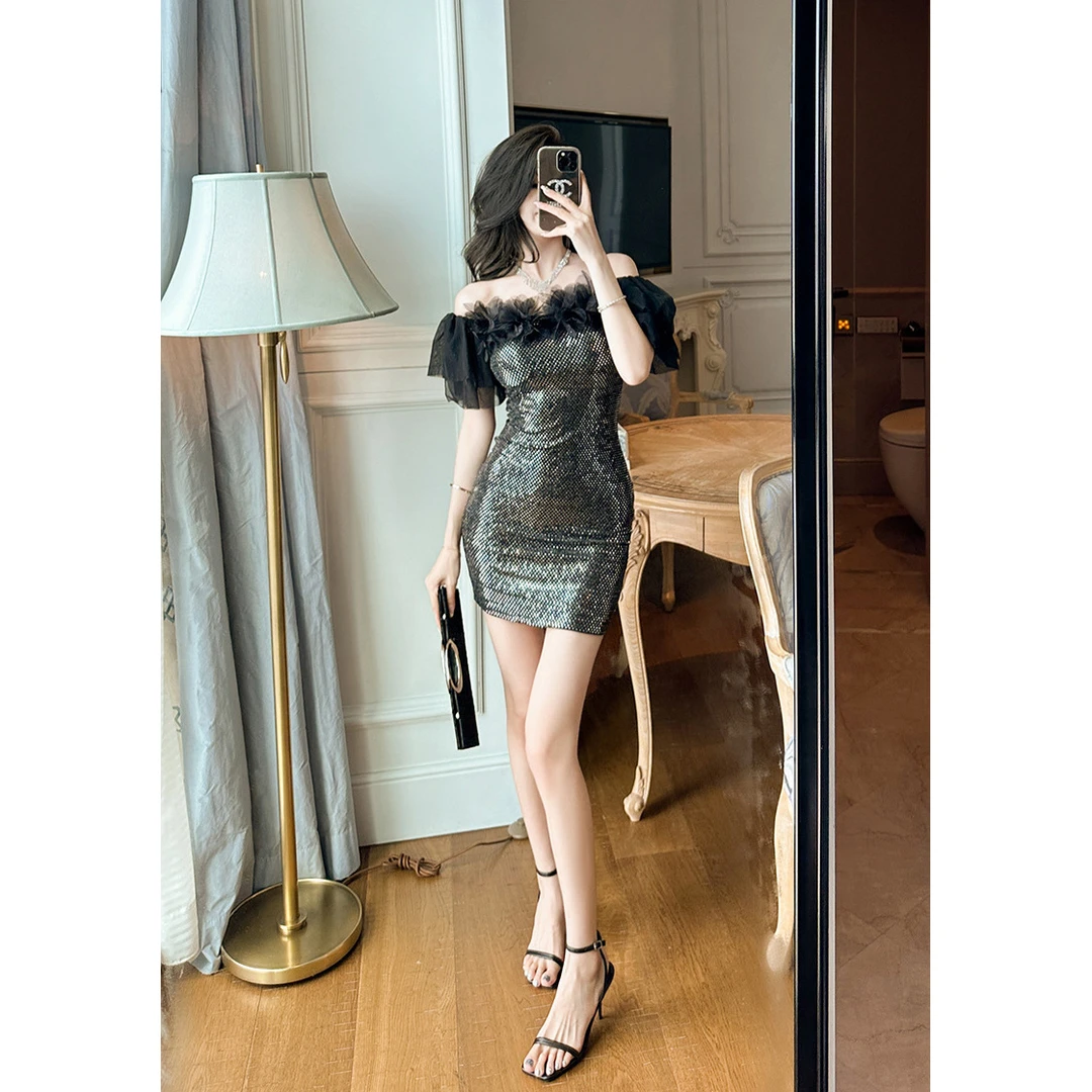 柔娜定制  轻奢定制修身显瘦小个子黑色薄纱包臀短裙50311