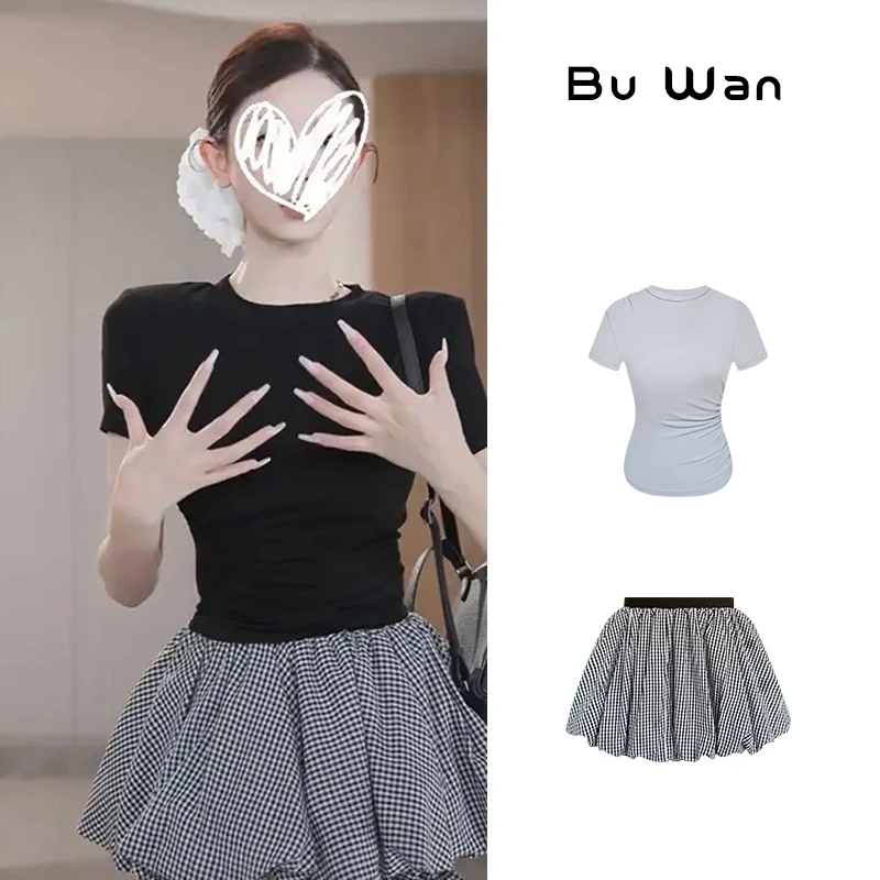 夏季新款黑色圆领短袖T恤+黑色小个子松紧腰蓬蓬裙3395+3396