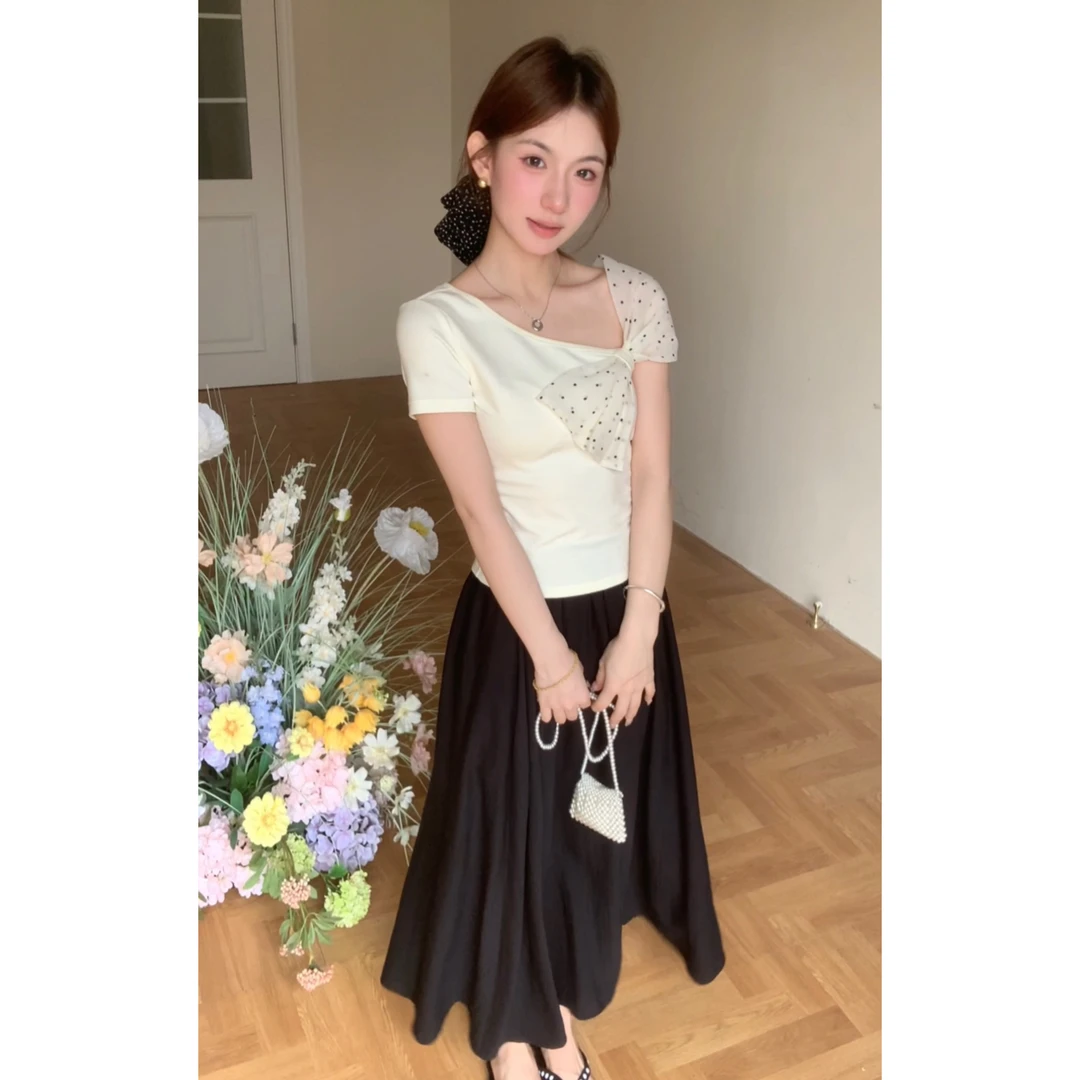 【OYANXI！清！】【波子汽水】显瘦波点蝴蝶结日常斜领休闲短袖241T625+