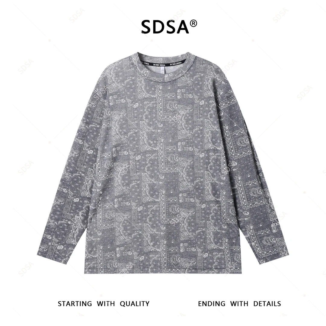 SDSA秋季新款男士痞帅抽象撞色印花圆领长袖T恤宽松设计师百搭