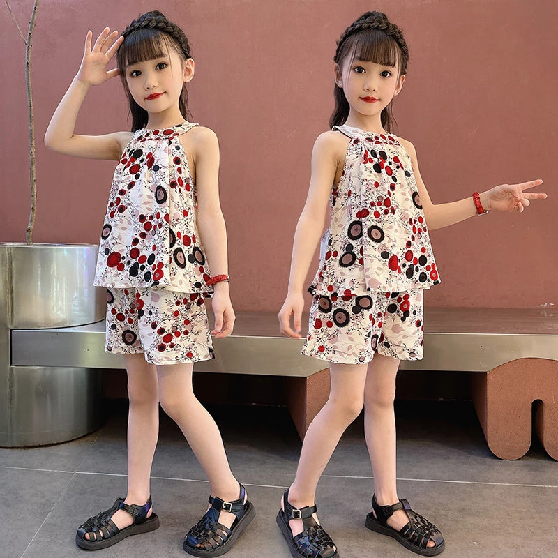 DAFIFY童装女童夏装套装2025新款洋气女孩夏装薄款雪纺波点挂脖无