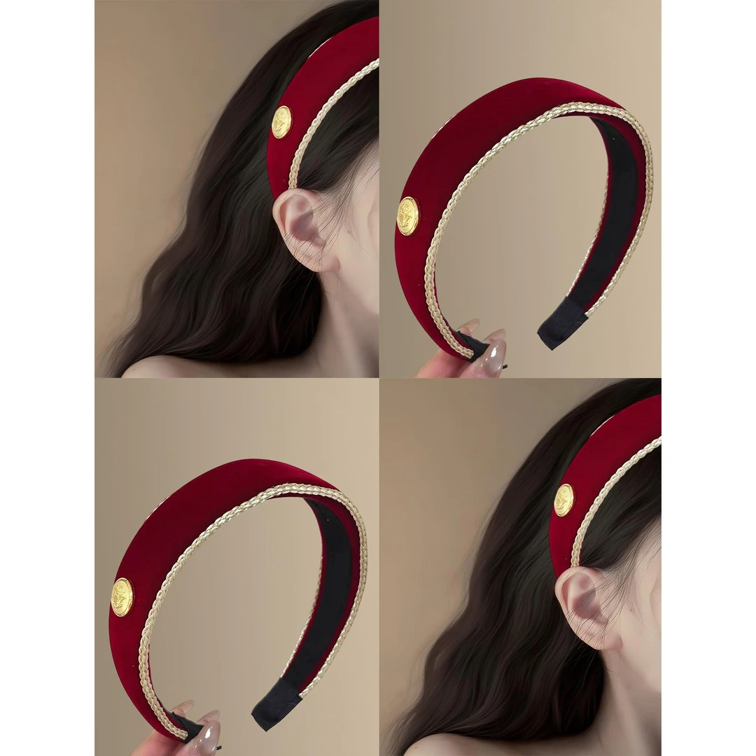维纳酒红~复古金标丝绒发箍2025新品早秋高颅顶头箍洋气旅行发卡