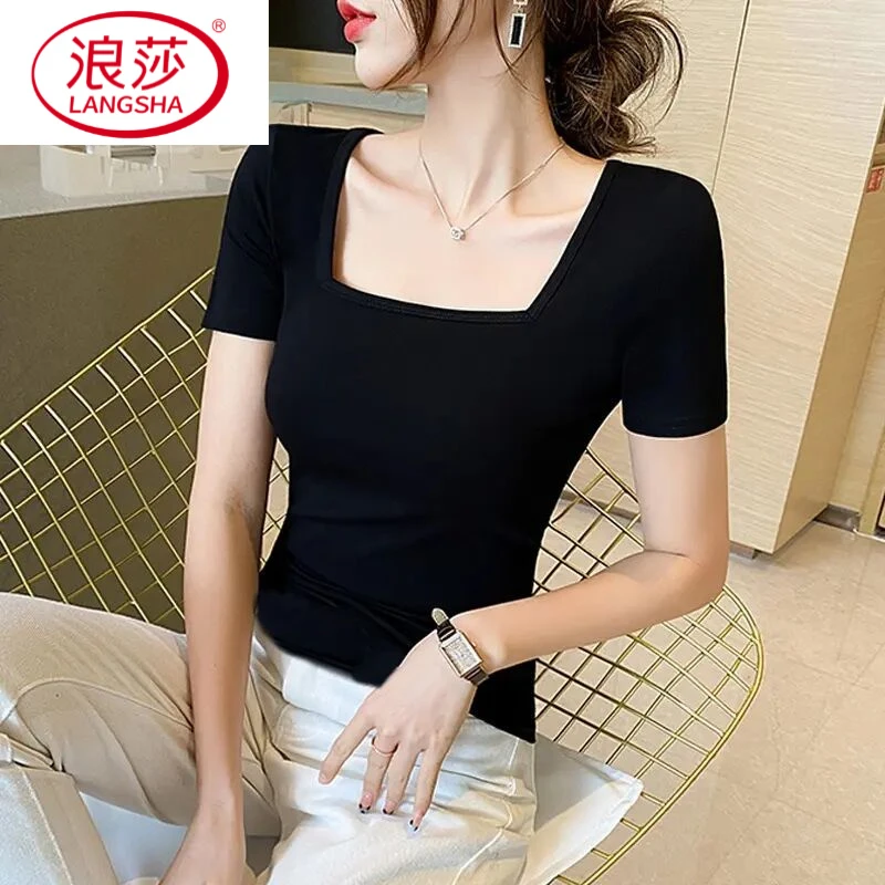 浪莎设计感短袖夏季黑色2025方领T恤新款法式女修身半袖