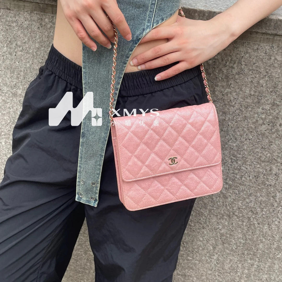 95新 Chanel/香奈儿 粉色荔枝纹牛皮方胖子woc斜挎包女士时尚单肩