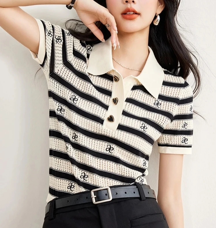 9853（16）百搭短袖针织翻领女条纹夏季镂空T恤