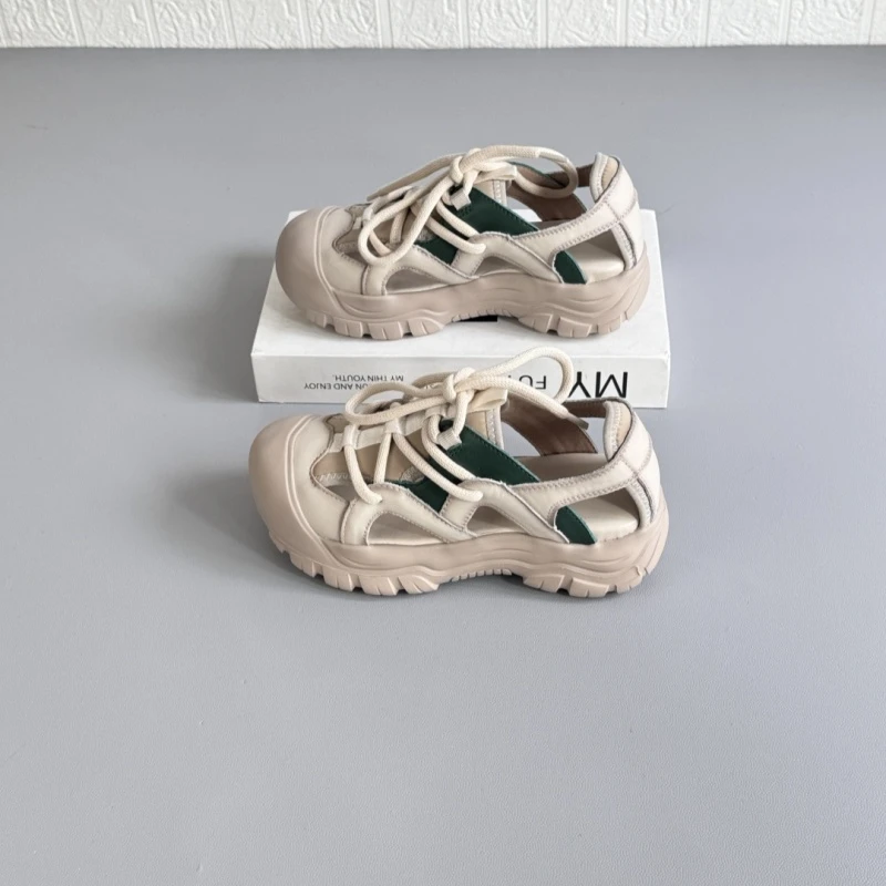 头层牛皮复古绿色休闲运动鞋女2025夏季新款镂空透气外穿轻便凉鞋