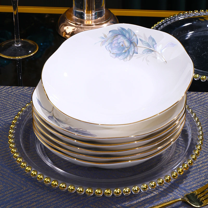 金边蓝色妖姬8英寸荷花盘6只装异形套组荷花盘钻石碗奢华描金餐具