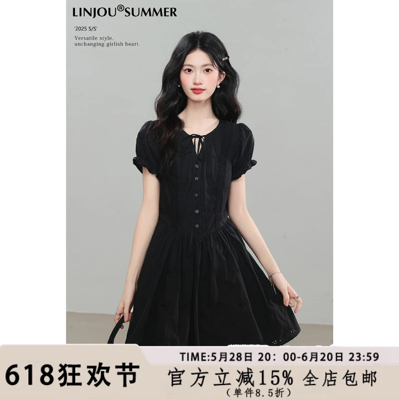 玲玖《墨色蕾丝》高级感黑色夏季收腰V领连衣裙女小个子显瘦短裙