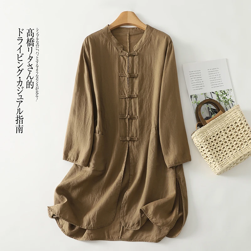 复古亚麻盘扣禅意茶服新中式宽松休闲文艺百搭卡其色九分袖外套女
