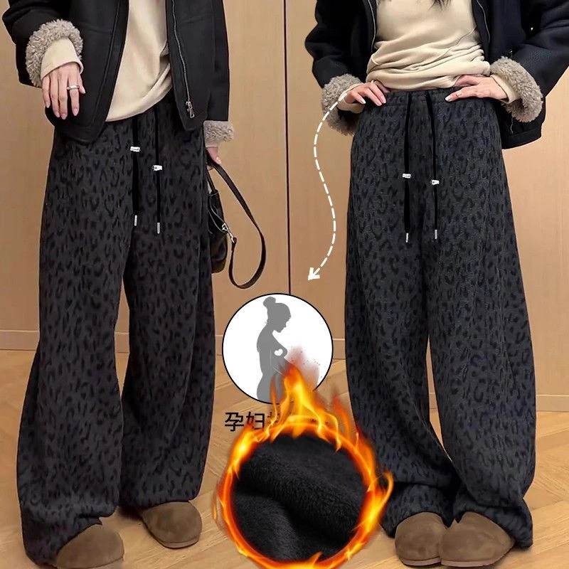 {新店开张}孕妇裤冬外穿加厚不勒肚子复古豹纹保暖加绒阔腿裤子