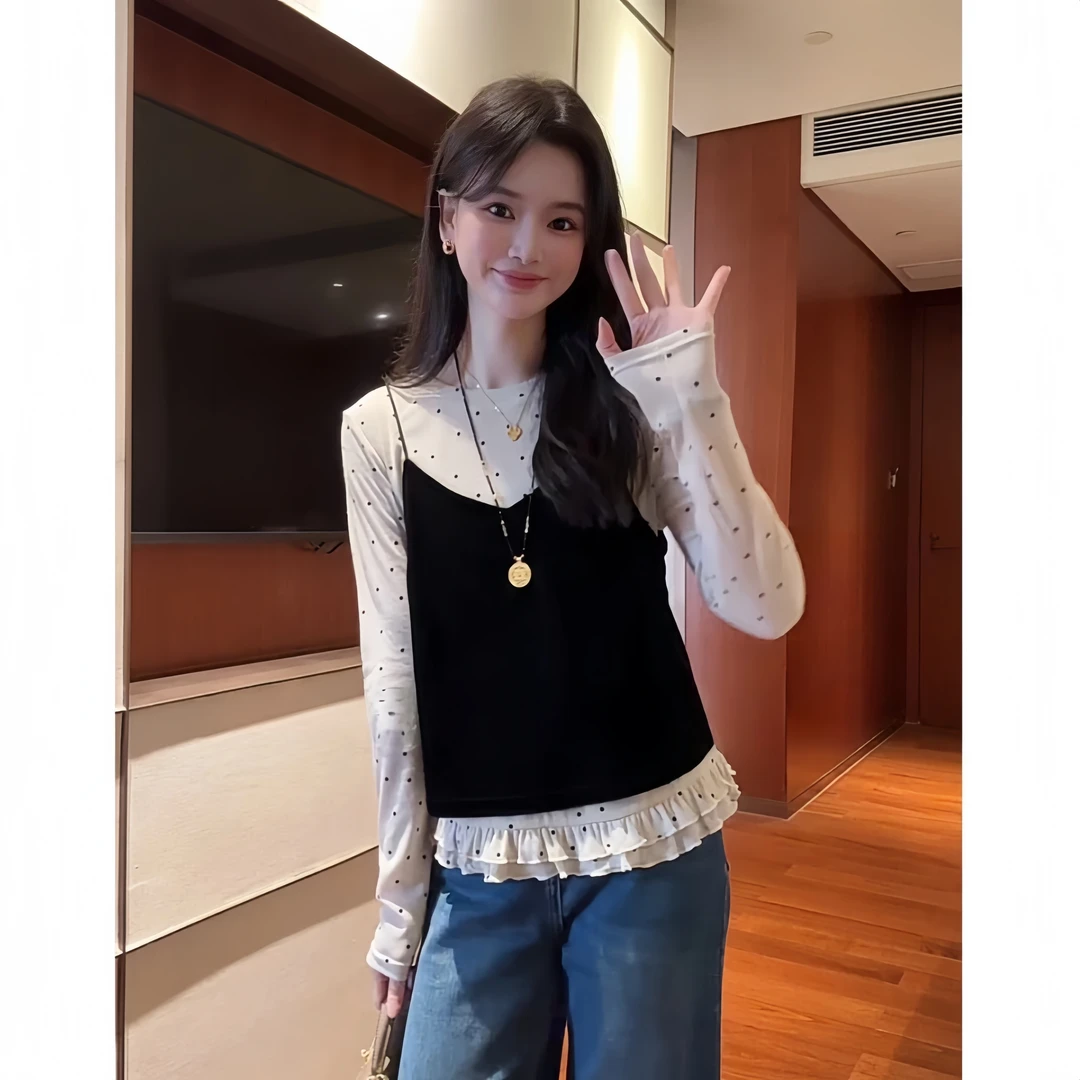 时尚减龄波点长袖T恤女＋丝绒吊带两件套2025秋季巨好看叠穿上衣女