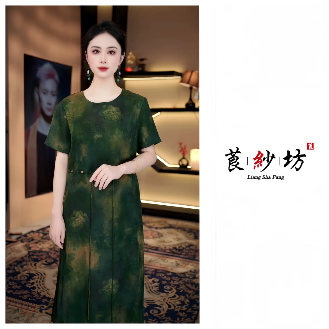 夏季气质减龄宽松显瘦中式花萝圆领长款抽绳连衣裙品质短袖女