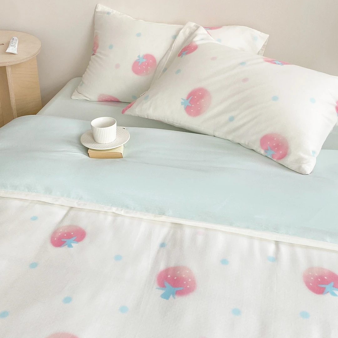 小草莓 原创清新韩系粉蓝四件套双层纱床单被套床笠A类棉