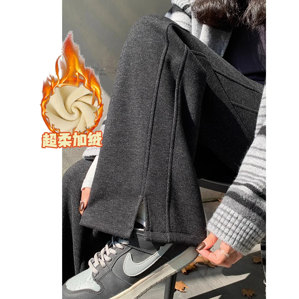 2024冬季新款加绒加厚人字纹保暖阔腿裤女时尚开叉高腰显瘦直筒裤