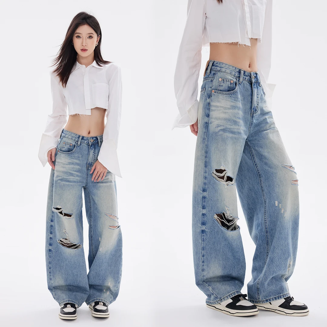 EDX浅蓝色破洞牛仔裤2025夏季新款女哈伦复古梨型身材乞丐弯刀裤