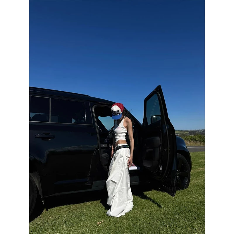 美式辣妹小众气质短款印花字母吊带背心外穿白色低档伞裤女休闲裤