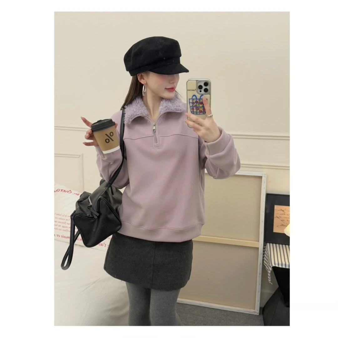 [大福Dafu]-寒山凝霜！韩版半拉链防风毛毛领休闲百搭翻领卫衣