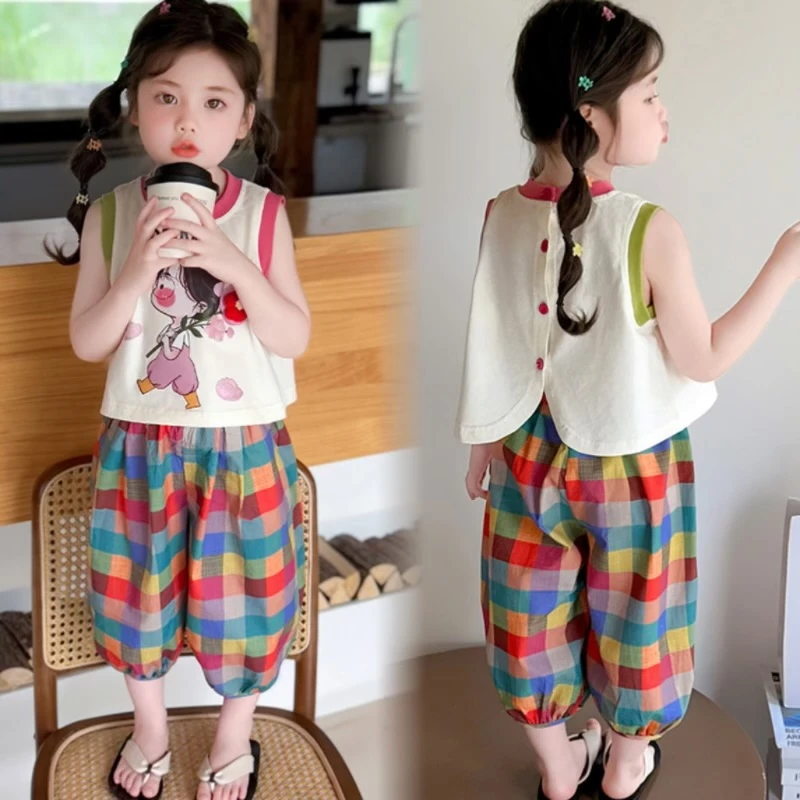 女童洋气套装2025夏装新款女孩休闲拼色无袖背心格子灯笼裤两件套