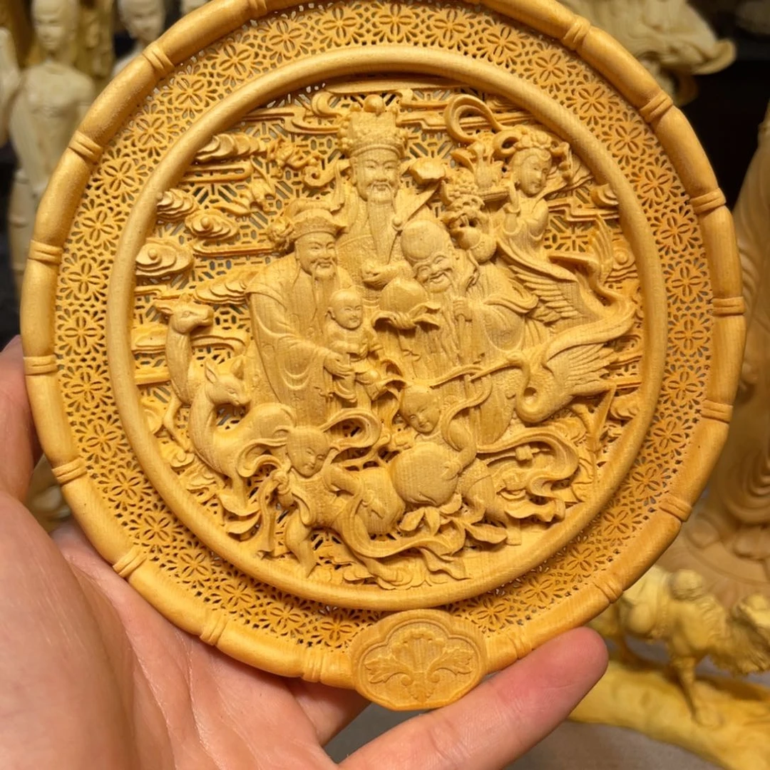 忘***难黄杨木福禄寿扇子