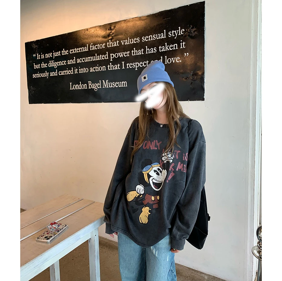 慵懒风套头上衣休闲风卡通印花长袖卫衣女韩版秋冬时尚百搭秋冬女