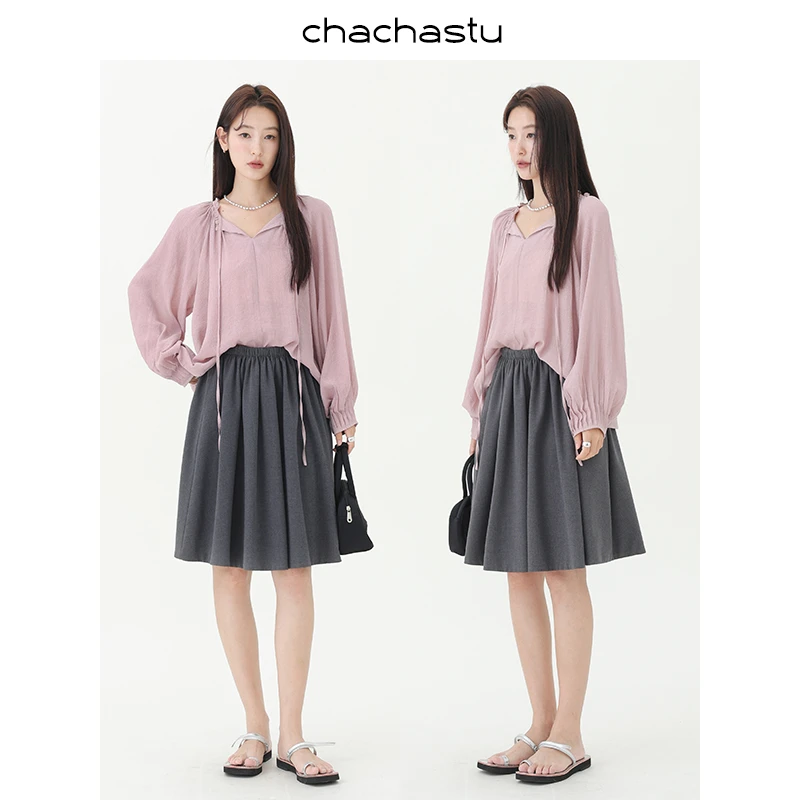 CHACHASTU【初秋】特调玫瑰粉~早秋oversize随性褶皱系带衬衫H4247W