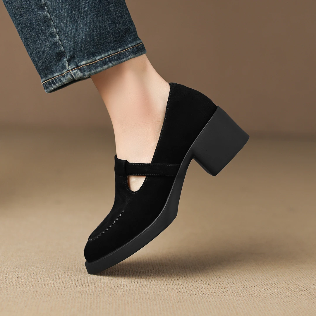 诗宝斐尔复古磨砂粗跟乐福鞋女厚底小皮鞋羊皮加绒高跟玛丽珍单鞋