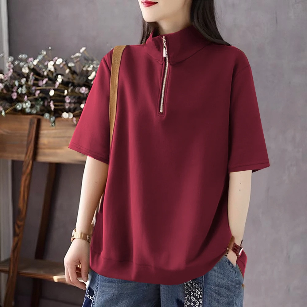 大码减龄宽松百搭拉链洋气上衣女装纯棉夏季立领文艺休闲短袖t恤