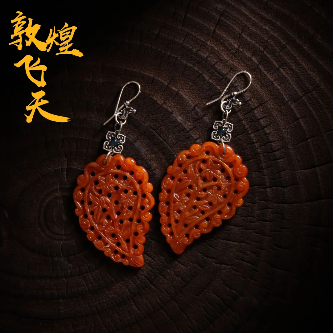 925银耳饰 E25527 太朴 红色镂空花朵水滴耳环