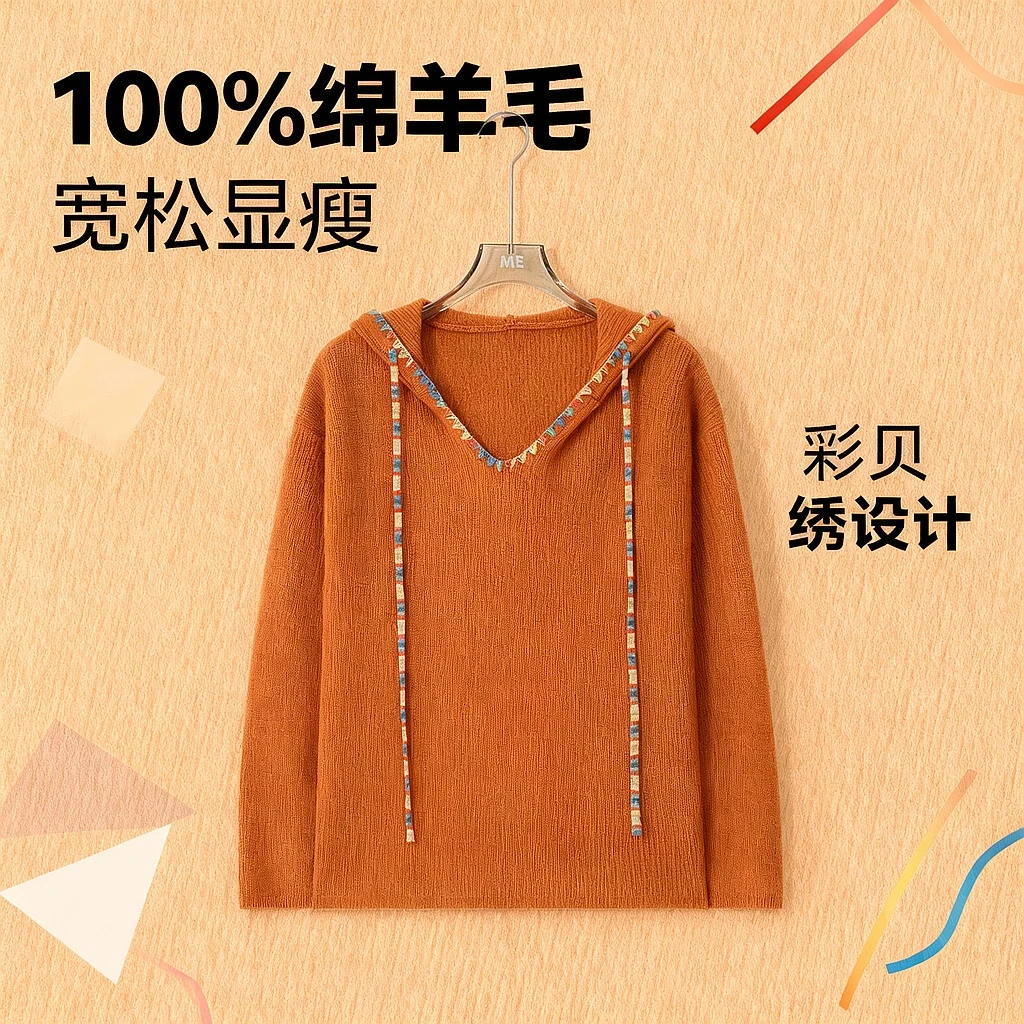 ME【100%绵羊毛彩贝绣帽衫】云柔亲肤松弛显瘦百搭时尚毛衣MESA2653