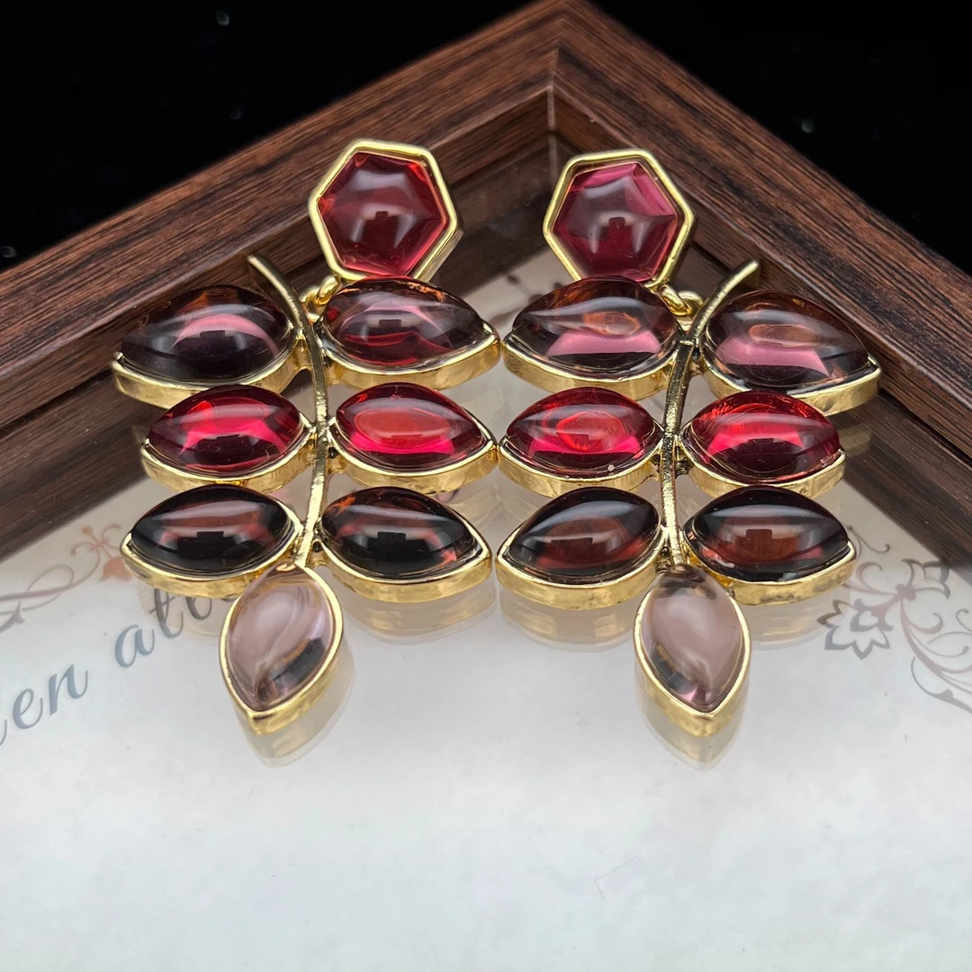 铜合金锆石耳饰 复古彩色琉璃树叶优雅重工耳饰时尚耳环首饰红色