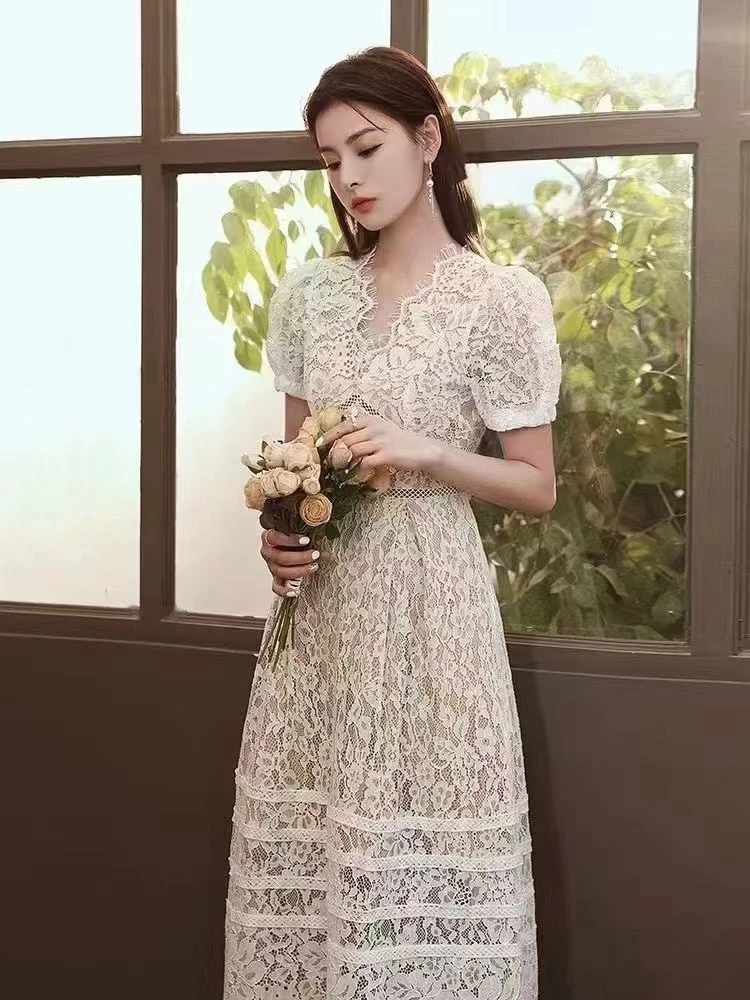 【DÉMYSTÈRE】赵丽颖杨紫同款复古宫廷蕾丝泡泡袖V领连衣裙GSEN5298