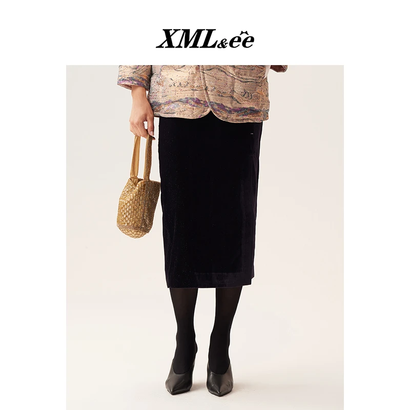 XMLee艾米尔 紫色丝绒中式国风盘扣半身裙 X431Q5221