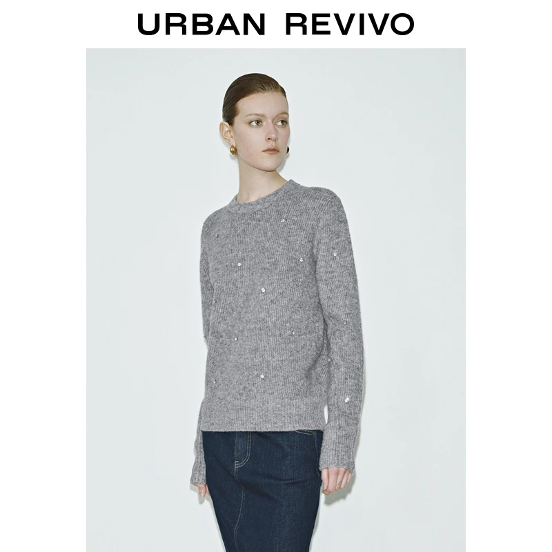 UR2025秋季新款女装简约休闲格雷系钻饰针织衫UWG950068