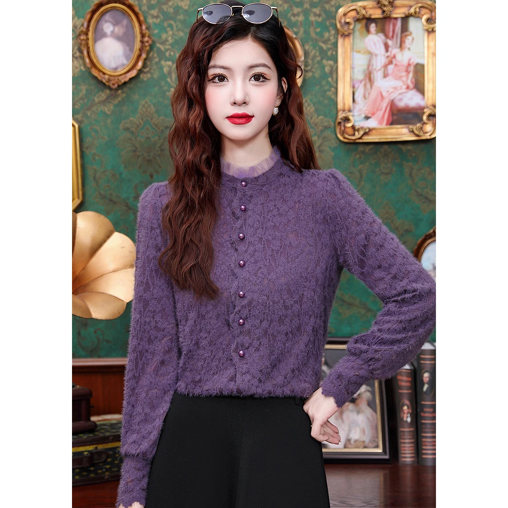 法式宫廷风磨毛女士蕾丝衫冬季2025新款气质内搭小衫加绒打底衬衫