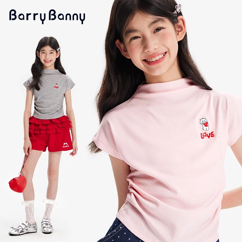 BarryBanny女童小熊飞飞袖短袖T恤2025春夏立体刺绣修身短款上衣