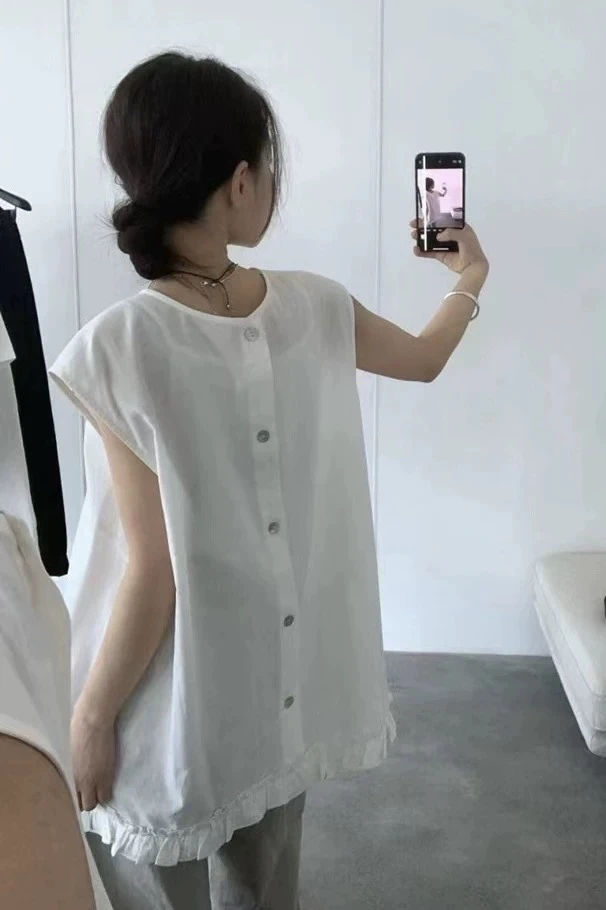 拼接木耳边背心2025夏季新款圆领宽松百搭韩版休闲简约无袖上衣女