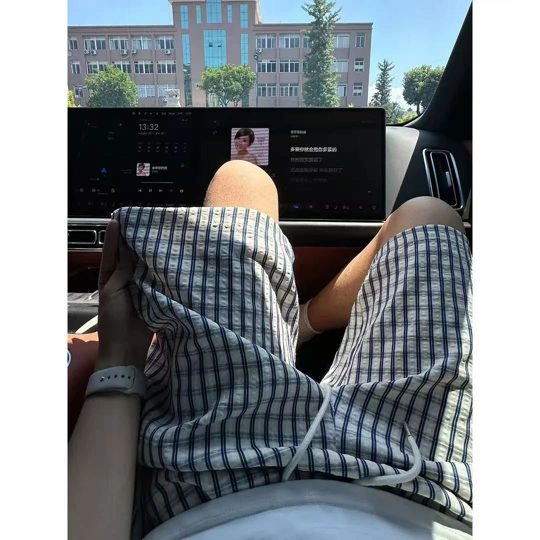 蓝色泡泡纱格子短裤男夏季薄款拼接设计感直筒裤子休闲阔腿五分裤