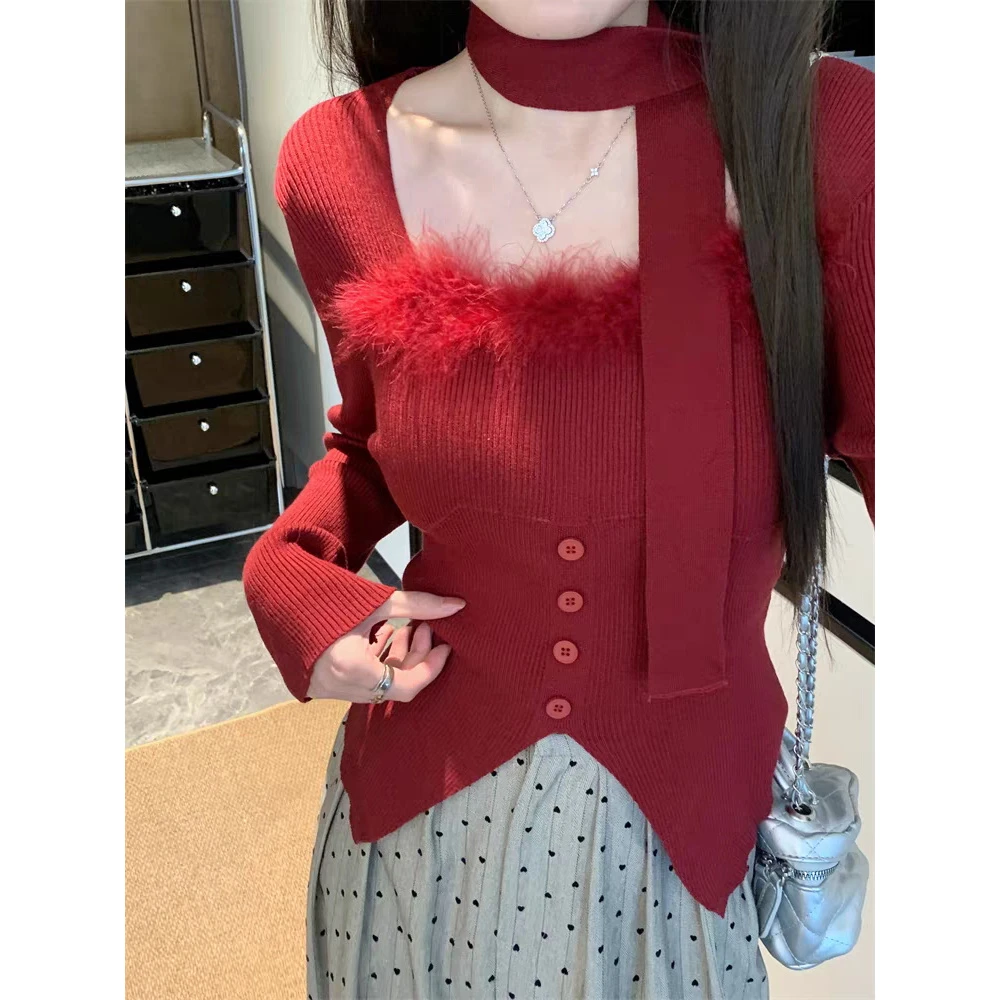 【083】拼接方领针织衫女秋冬修身纯欲内搭打底气质上衣