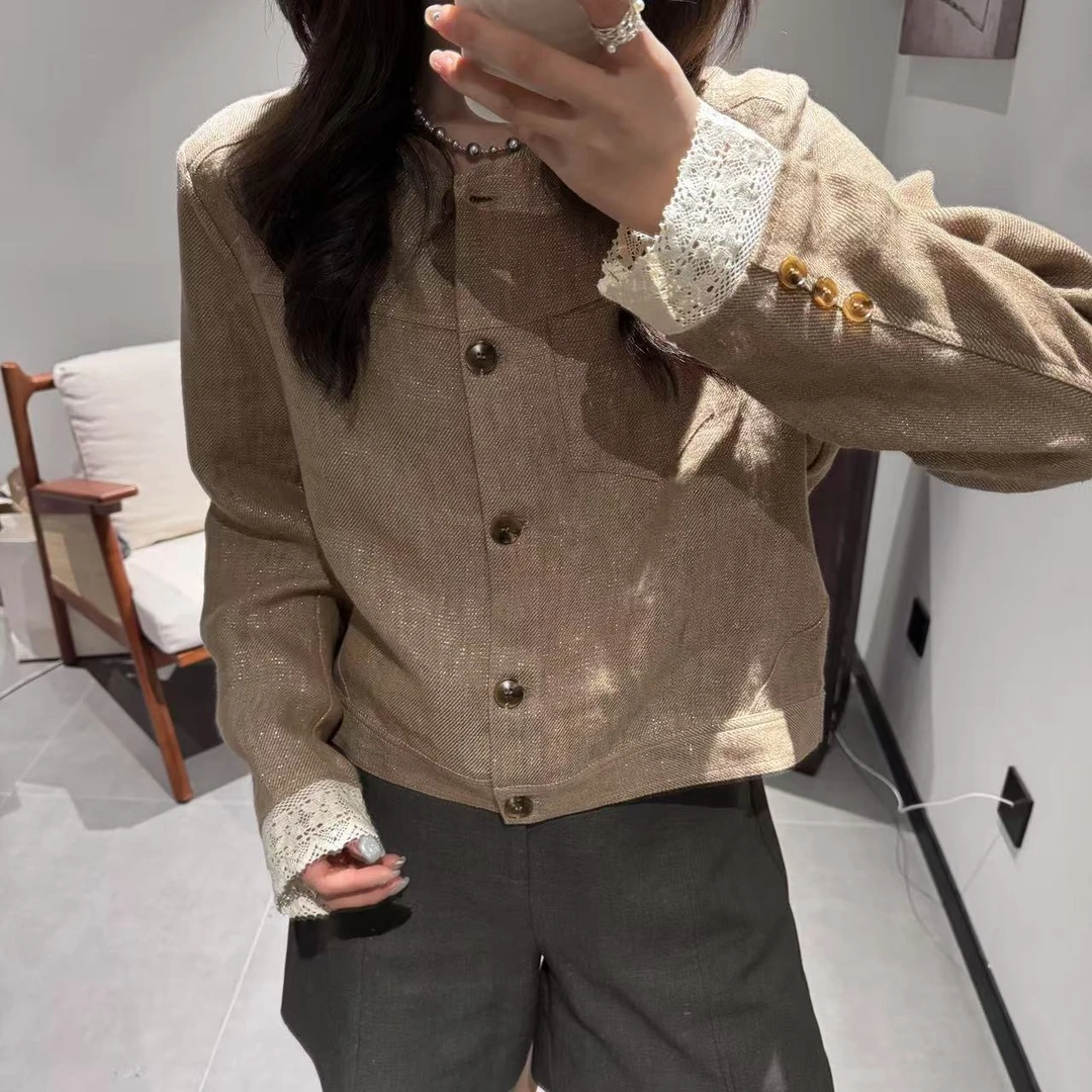 【奢雅典范】轻奢细闪亚麻气质蕾丝拼袖短款小香风夹克外套女上衣