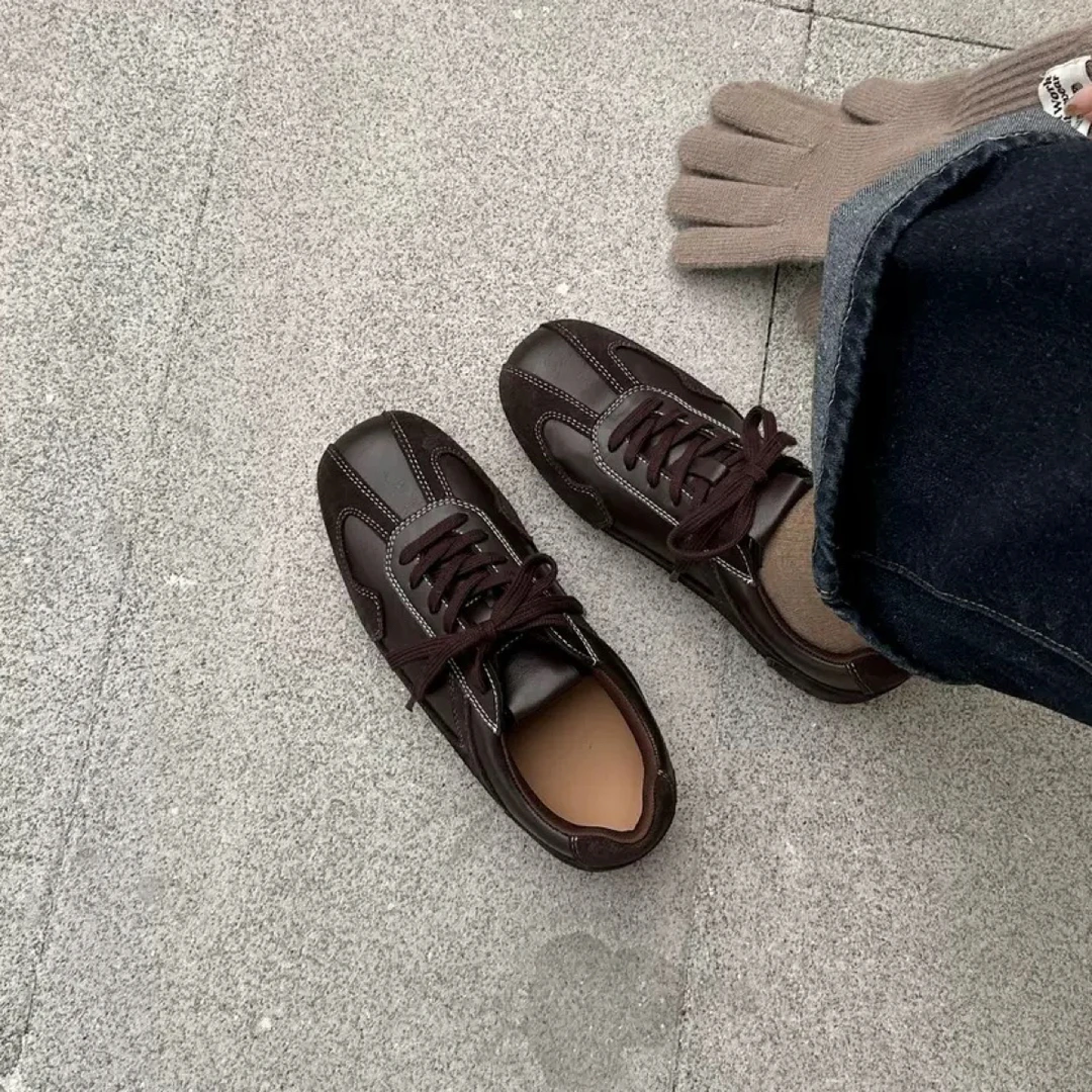 内增高芭蕾德训鞋女2025新款美拉德系带休闲运动鞋百搭真皮阿甘鞋