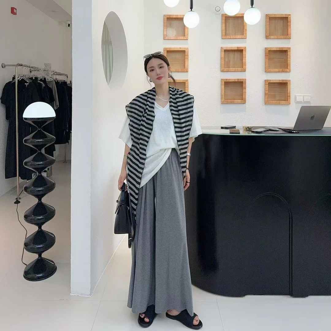 林林 慵懒气质套装简约宽松显瘦T恤女夏百搭条纹披肩两件套