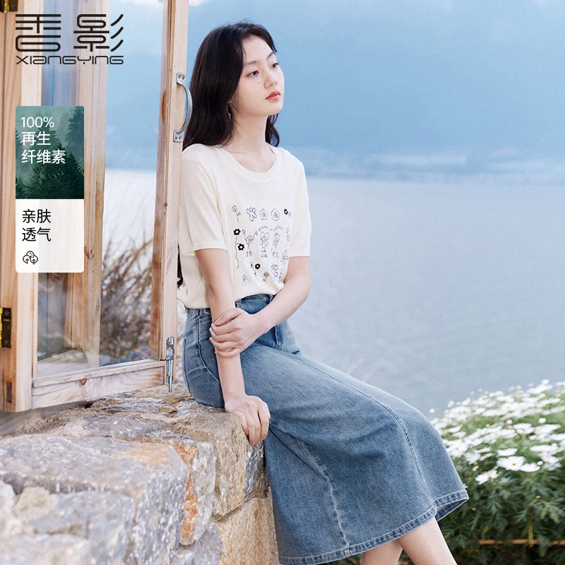 M85S114毛针织衫 香影涂鸦刺绣针织衫女夏季新款宽松圆领短袖上衣