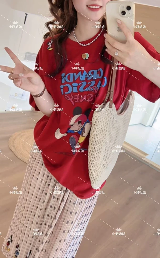 小雅姐姐  夏季新款卡通小鼠字母印花百搭休闲短袖T恤IX46