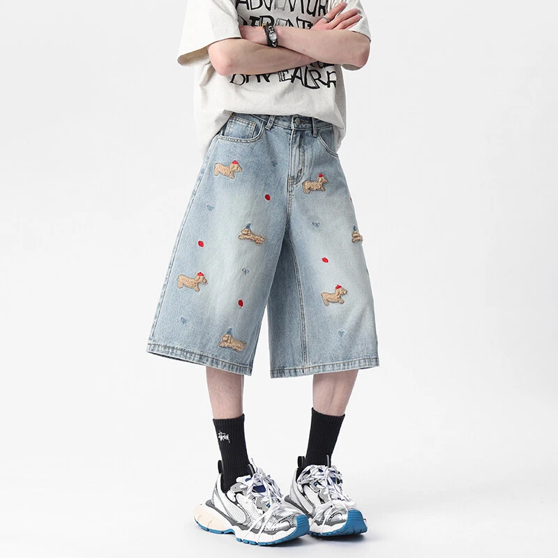 美式vibe牛仔七分短裤男2025夏季新款腊肠小狗绣花设计感百搭短裤