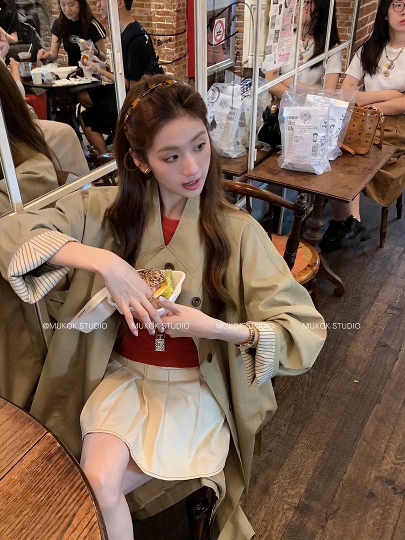 纯色长款长袖风衣中长款秋季春季极简风时尚显瘦韩系风格腰带款