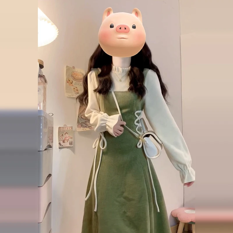 绿色背带假两件连衣裙子女新款春季小个子韩系穿搭高级感长裙9061