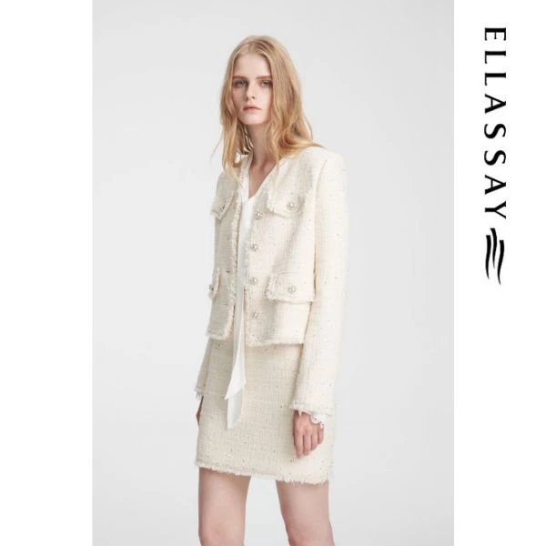 ELLASSAY歌力思早春新款棉感优雅气质白色小香风外套EWE351T01000