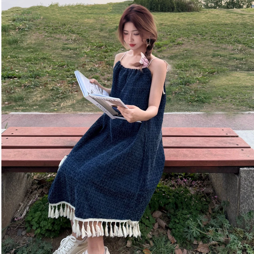 韩系多巴胺俏皮少女风chic简约流苏吊带裙中长款裙子