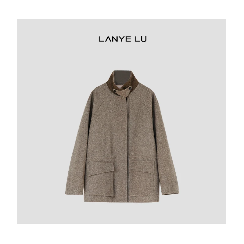 【LANYE LU】 巴恩  复古美拉德色系高质感人字纹羊毛毛呢外套